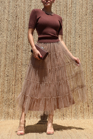 DD8531, Sweater Top Polka Dot Mesh Midi Dress