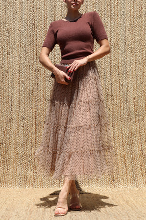 DD8531, Sweater Top Polka Dot Mesh Midi Dress