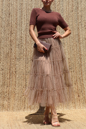 DD8531, Sweater Top Polka Dot Mesh Midi Dress