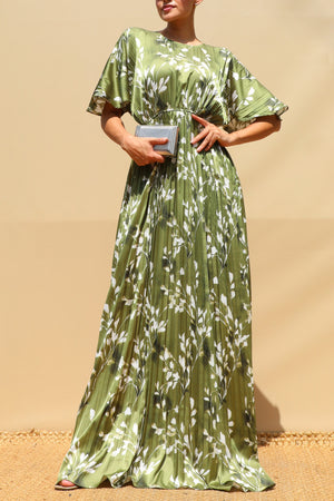 DD8657, Leaf Print Pleated Satin Maxi Dress