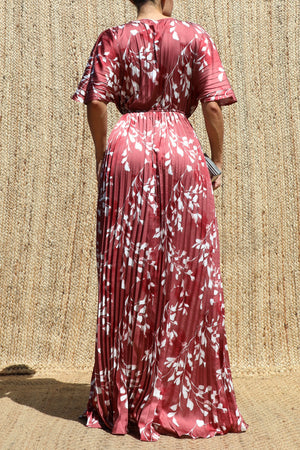 DD8657, Leaf Print Pleated Satin Maxi Dress