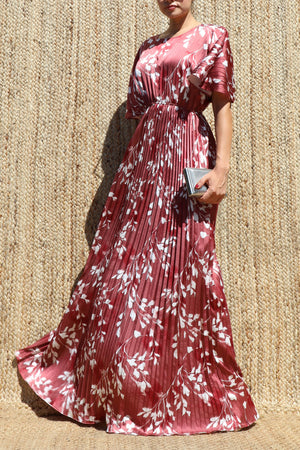 DD8657, Leaf Print Pleated Satin Maxi Dress