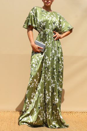 DD8657, Leaf Print Pleated Satin Maxi Dress