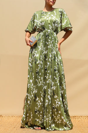 DD8657, Leaf Print Pleated Satin Maxi Dress