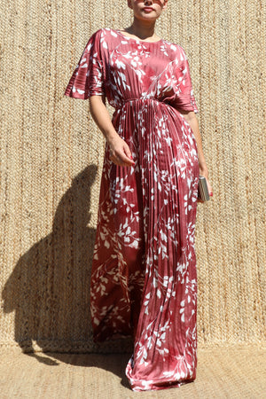 DD8657, Leaf Print Pleated Satin Maxi Dress
