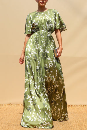 DD8657, Leaf Print Pleated Satin Maxi Dress