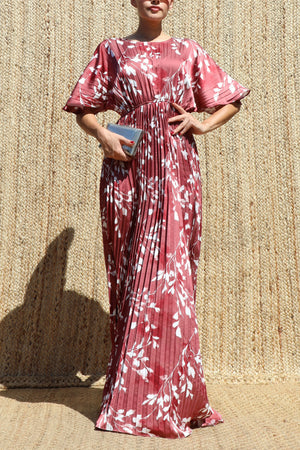 DD8657, Leaf Print Pleated Satin Maxi Dress