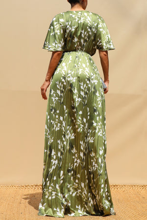 DD8657, Leaf Print Pleated Satin Maxi Dress