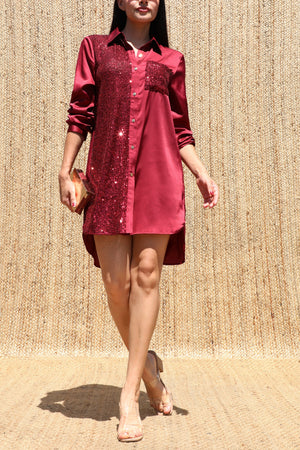 DD8673, Sequin Button Down Satin Mini Dress