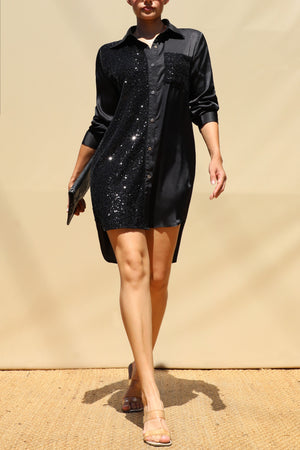 DD8673, Sequin Button Down Satin Mini Dress