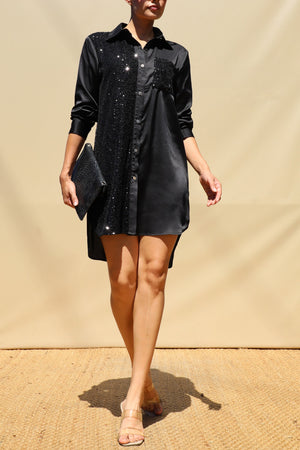 DD8673, Sequin Button Down Satin Mini Dress