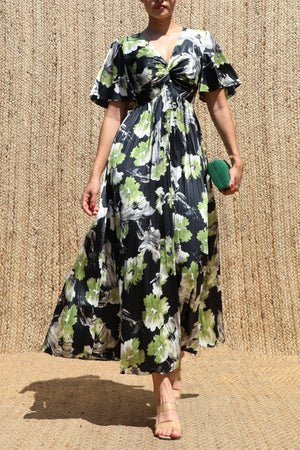 DD8685, Twist-front Pleated V Neck Satin Dress