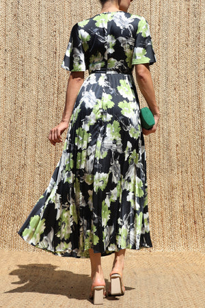 DD8685, Twist-front Pleated V Neck Satin Dress