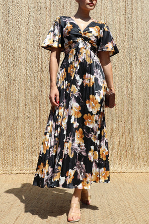 DD8685, Twist-front Pleated V Neck Satin Dress