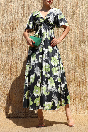 DD8685, Twist-front Pleated V Neck Satin Dress