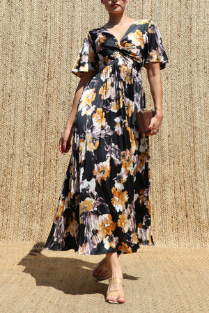 DD8685, Twist-front Pleated V Neck Satin Dress