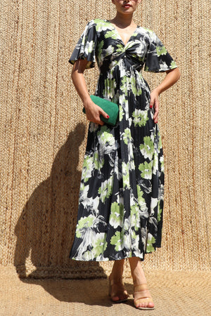 DD8685, Twist-front Pleated V Neck Satin Dress