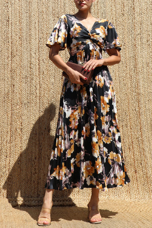 DD8685, Twist-front Pleated V Neck Satin Dress