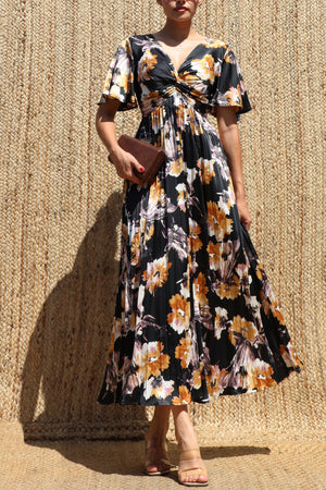 DD8685, Twist-front Pleated V Neck Satin Dress