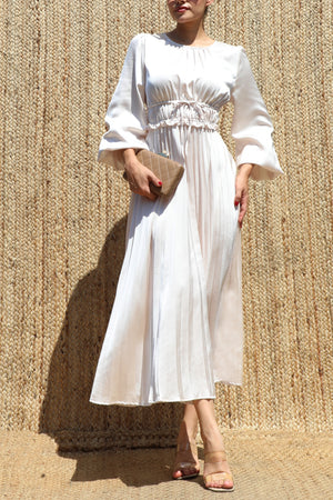 DD8687, Pleated Satin Midi Dress