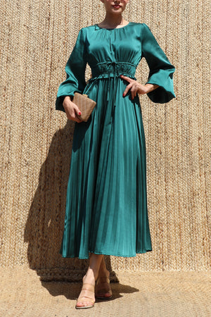 DD8687, Pleated Satin Midi Dress