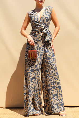 DD8400, Printed Loose Fit Wrap Style Jumpsuit