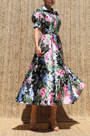 DD8570, Floral Printed Belted Midi Dress
