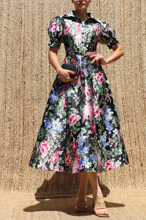 DD8570, Floral Printed Belted Midi Dress