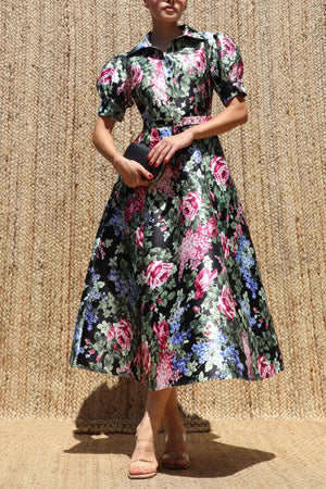 DD8570, Floral Printed Belted Midi Dress