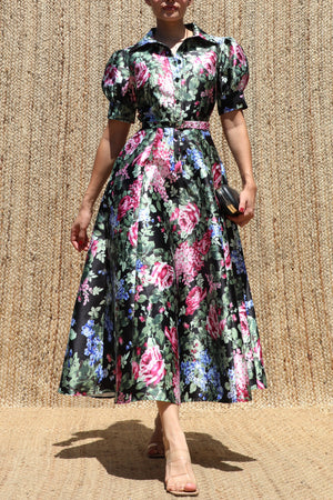 DD8570, Floral Printed Belted Midi Dress