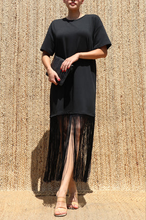 DD8648, Fringe Detail Loose Fit Knit Midi Dress