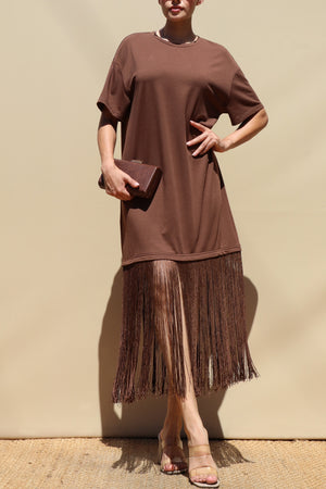 DD8648, Fringe Detail Loose Fit Knit Midi Dress