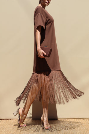 DD8648, Fringe Detail Loose Fit Knit Midi Dress