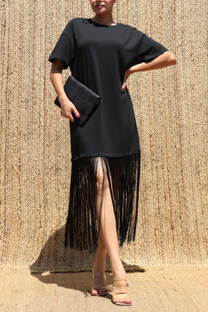 DD8648, Fringe Detail Loose Fit Knit Midi Dress