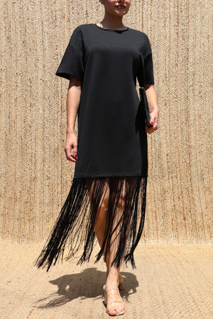 DD8648, Fringe Detail Loose Fit Knit Midi Dress