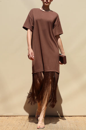 DD8648, Fringe Detail Loose Fit Knit Midi Dress