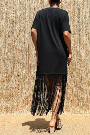 DD8648, Fringe Detail Loose Fit Knit Midi Dress