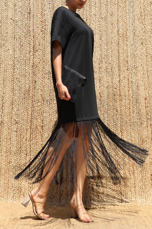 DD8648, Fringe Detail Loose Fit Knit Midi Dress