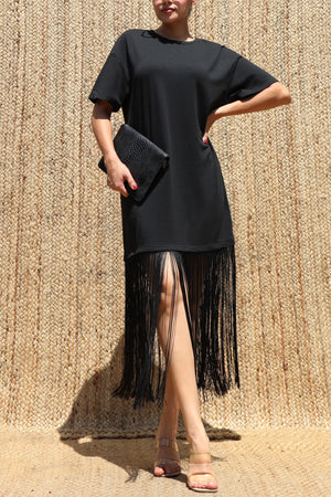 DD8648, Fringe Detail Loose Fit Knit Midi Dress