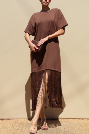 DD8648, Fringe Detail Loose Fit Knit Midi Dress