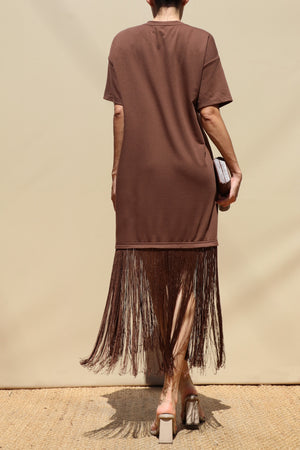 DD8648, Fringe Detail Loose Fit Knit Midi Dress