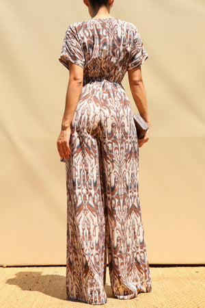 DD8497, Printed Wrap Flare-Leg Jumpsuit