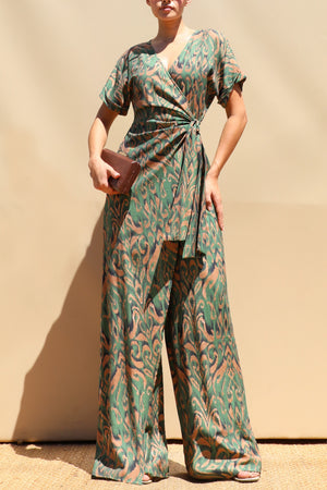 DD8497, Printed Wrap Flare-Leg Jumpsuit