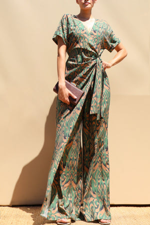 DD8497, Printed Wrap Flare-Leg Jumpsuit