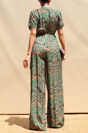DD8497, Printed Wrap Flare-Leg Jumpsuit