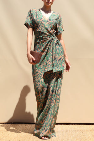 DD8497, Printed Wrap Flare-Leg Jumpsuit