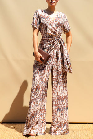 DD8497, Printed Wrap Flare-Leg Jumpsuit