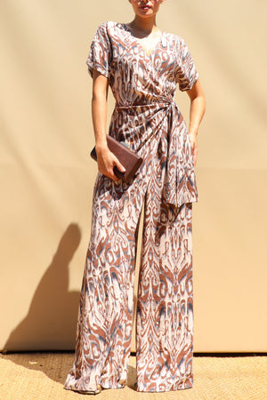 DD8497, Printed Wrap Flare-Leg Jumpsuit