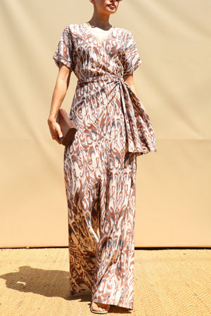 DD8497, Printed Wrap Flare-Leg Jumpsuit