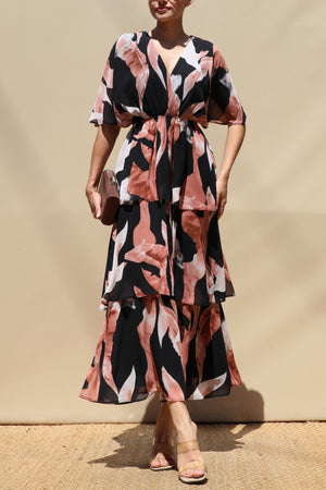 DD8574, Leaf Print Loose Fit Tiered Midi Dress